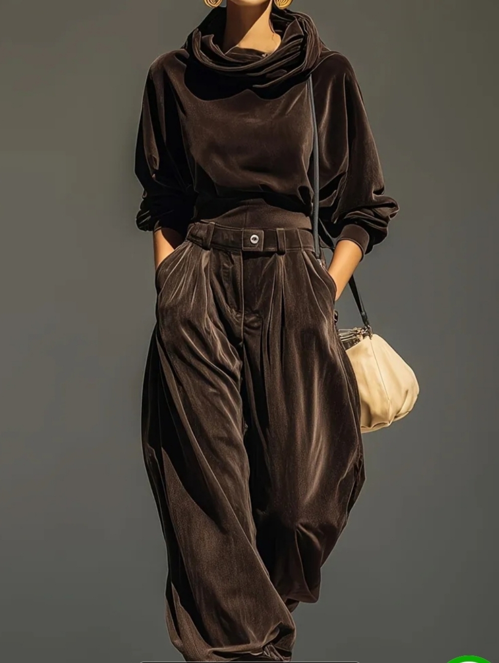 Velvet 2-Piece Slouch Set With Hooded Long Sleeve Top & Taperd Wide Leg Pants
